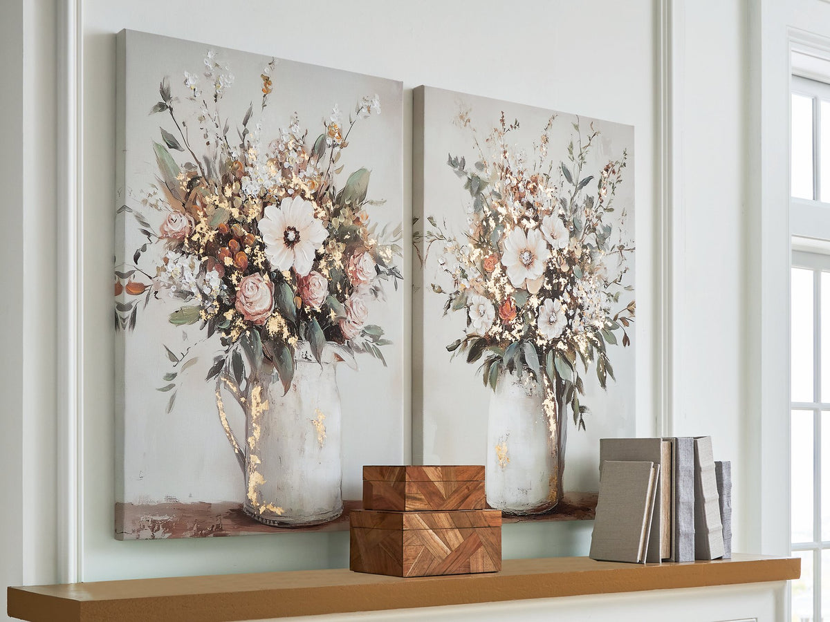 Pair of Faisaldon wall art pieces from Ashley Furniture featuring abstract geometric designs for modern home decor.