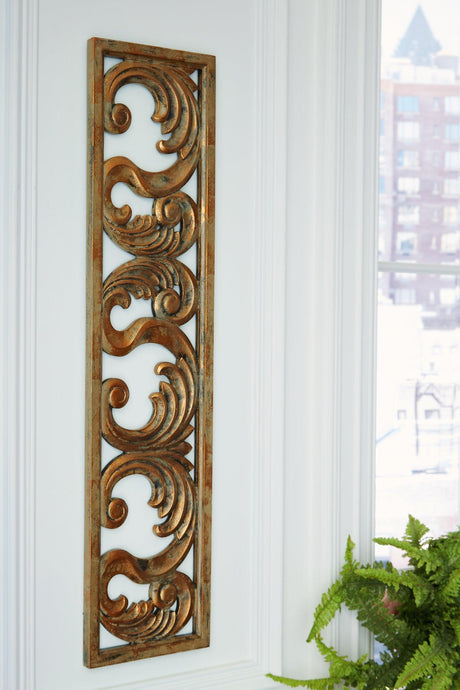 Ashley Furniture Candelario wall decor featuring rustic wooden design with metal accents for stylish home interior decoration.