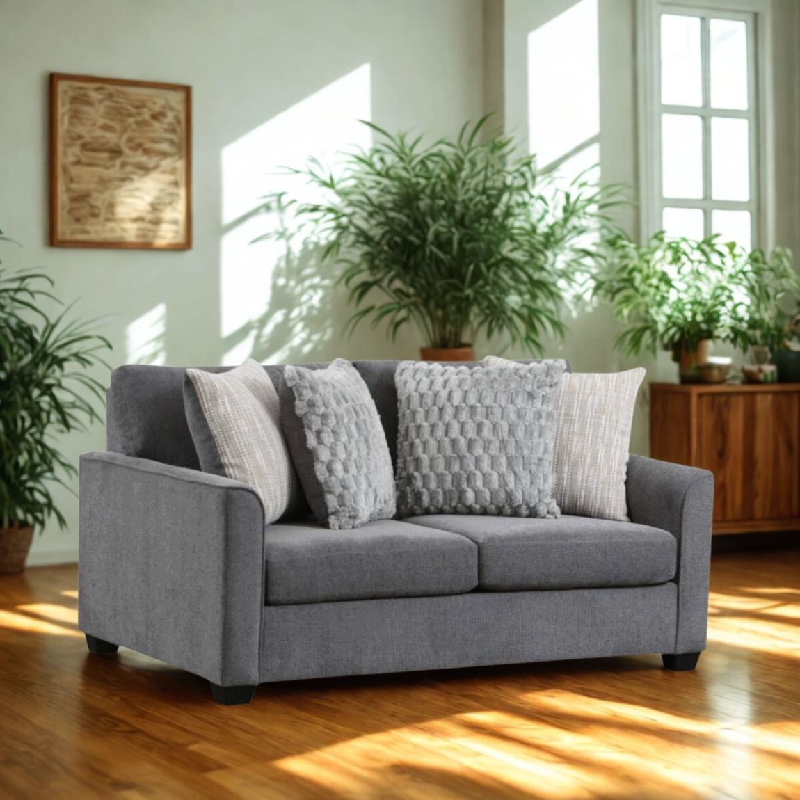 Silver Behold Home Mayfield Loveseat chair with plush upholstery and modern design, shown from a side angle.