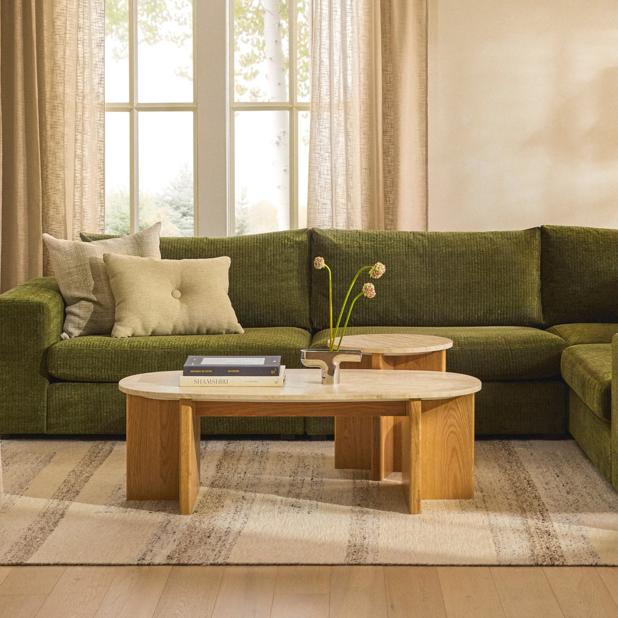 ARTICLE - Sporo 47.25" Travertine Coffee Table - Natural Oak