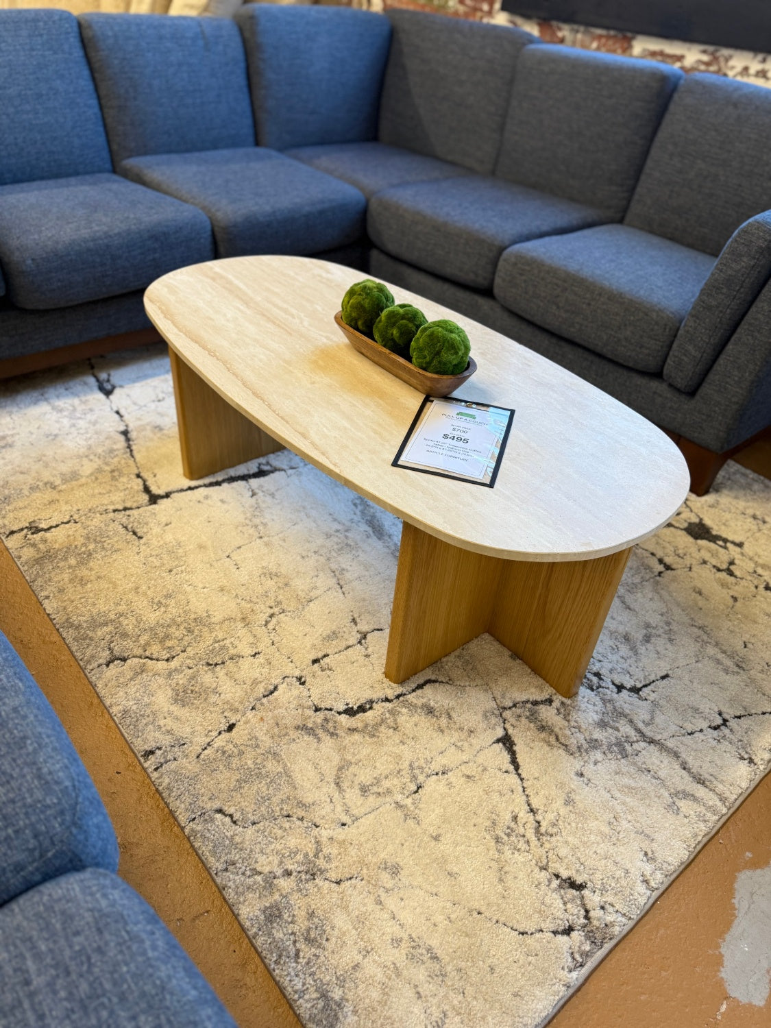 ARTICLE - Sporo 47.25" Travertine Coffee Table - Natural Oak