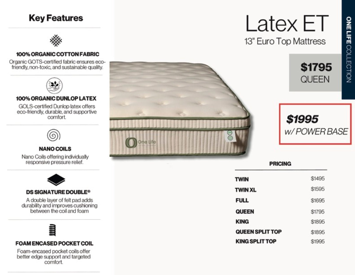 Organic Latex ET 13" Mattress w/Performance (New)