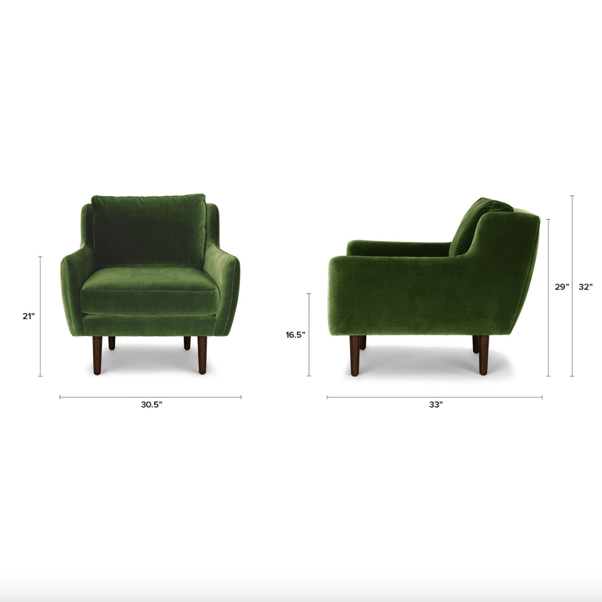 30" Velvet Lounge Chair w/ Walnut Legs (Grass Green)