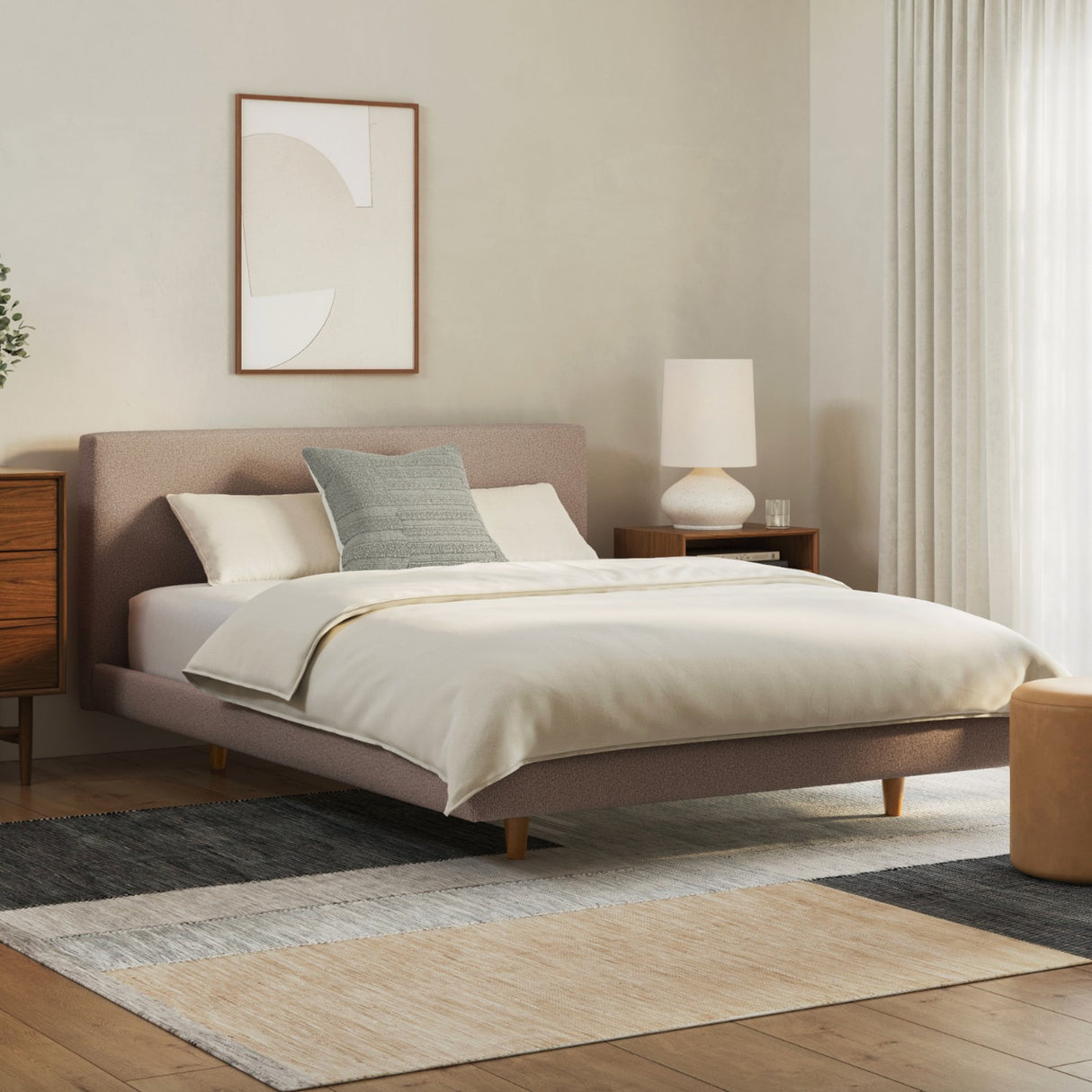 MCM Low-Profile Queen Upholstered Bed (Sandstone Wool Bouclé)