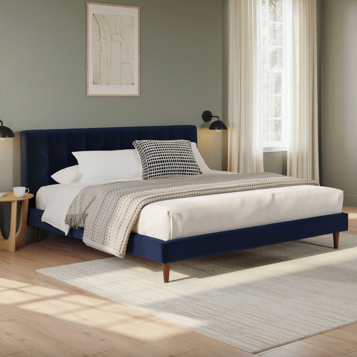 MCM Queen Upholstered + Tufted Bed (Cascadia Blue Velvet)