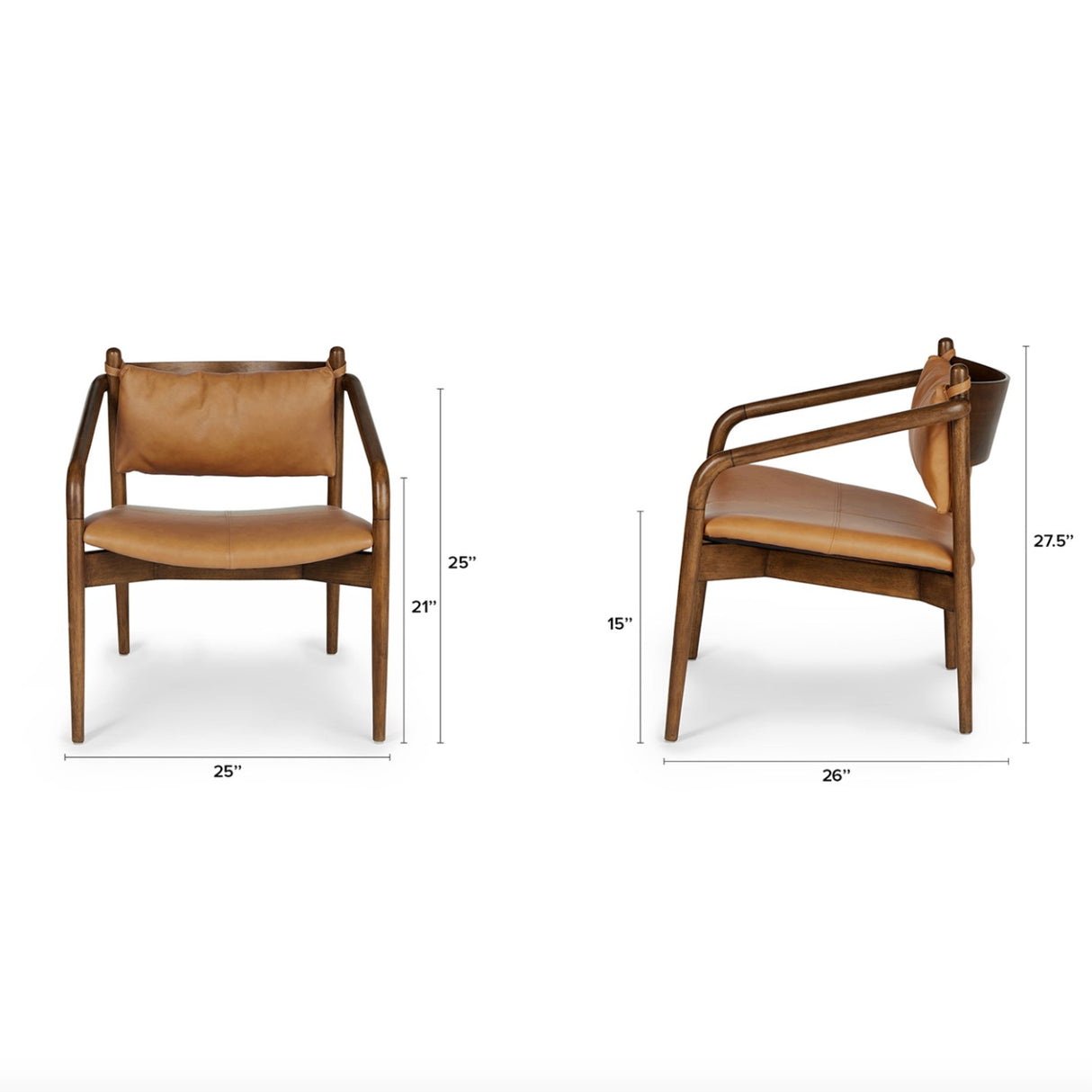 25" Leather Lounge Chair w/ Wooden Arms (Walnut/Tan) - Pull Up A Couch