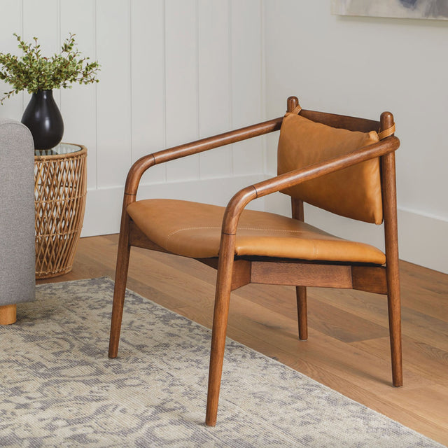 25" Leather Lounge Chair w/ Wooden Arms (Walnut/Tan) - Pull Up A Couch