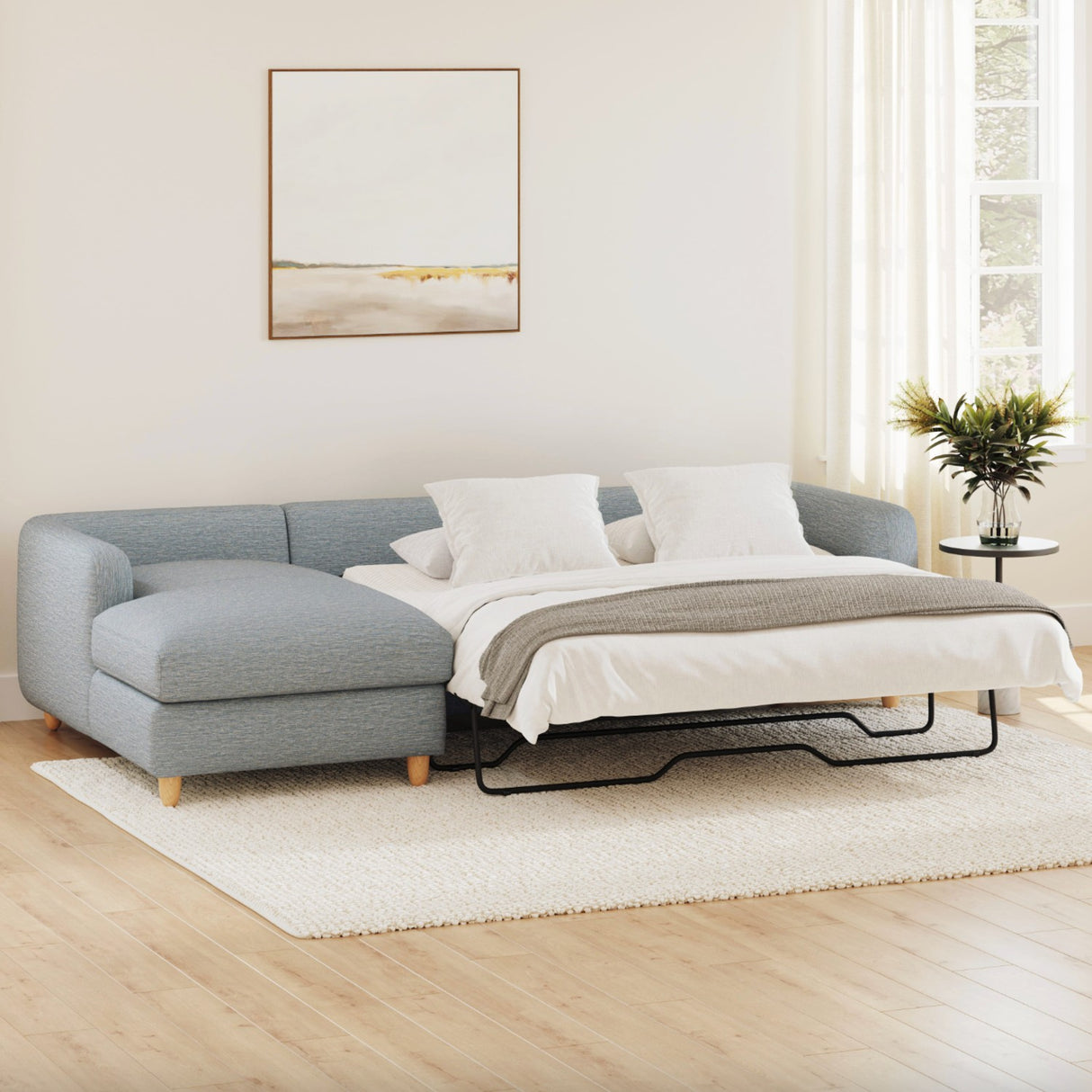 114" Sleeper Sectional w/ Storage Chaise (Silver Light Blue) - Pull Up A Couch