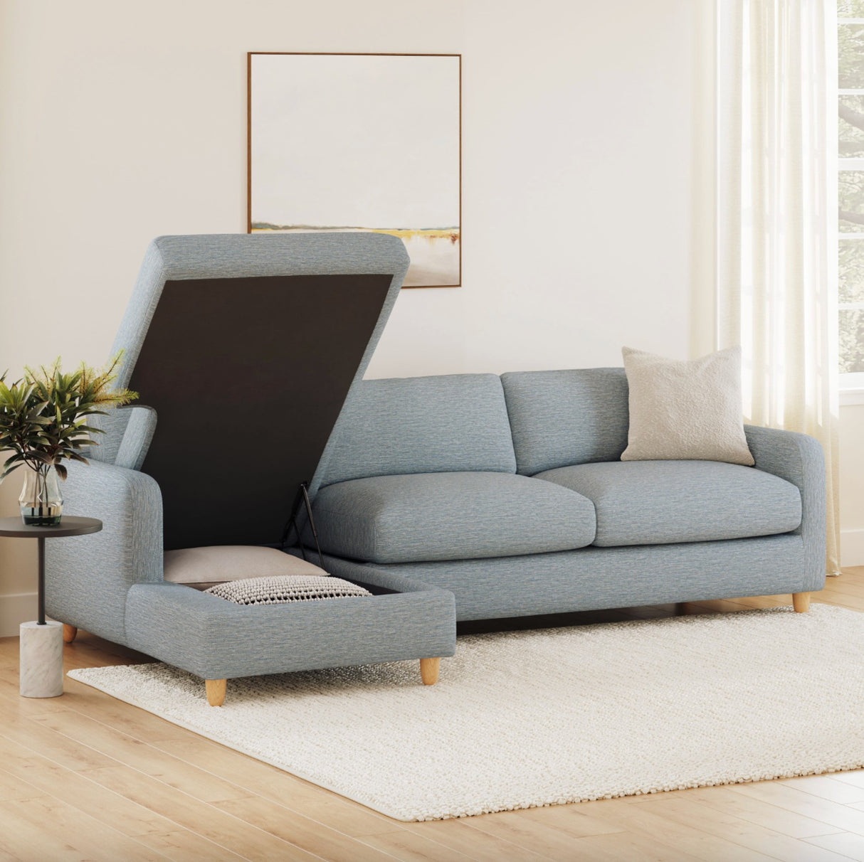 114" Sleeper Sectional w/ Storage Chaise (Silver Light Blue) - Pull Up A Couch