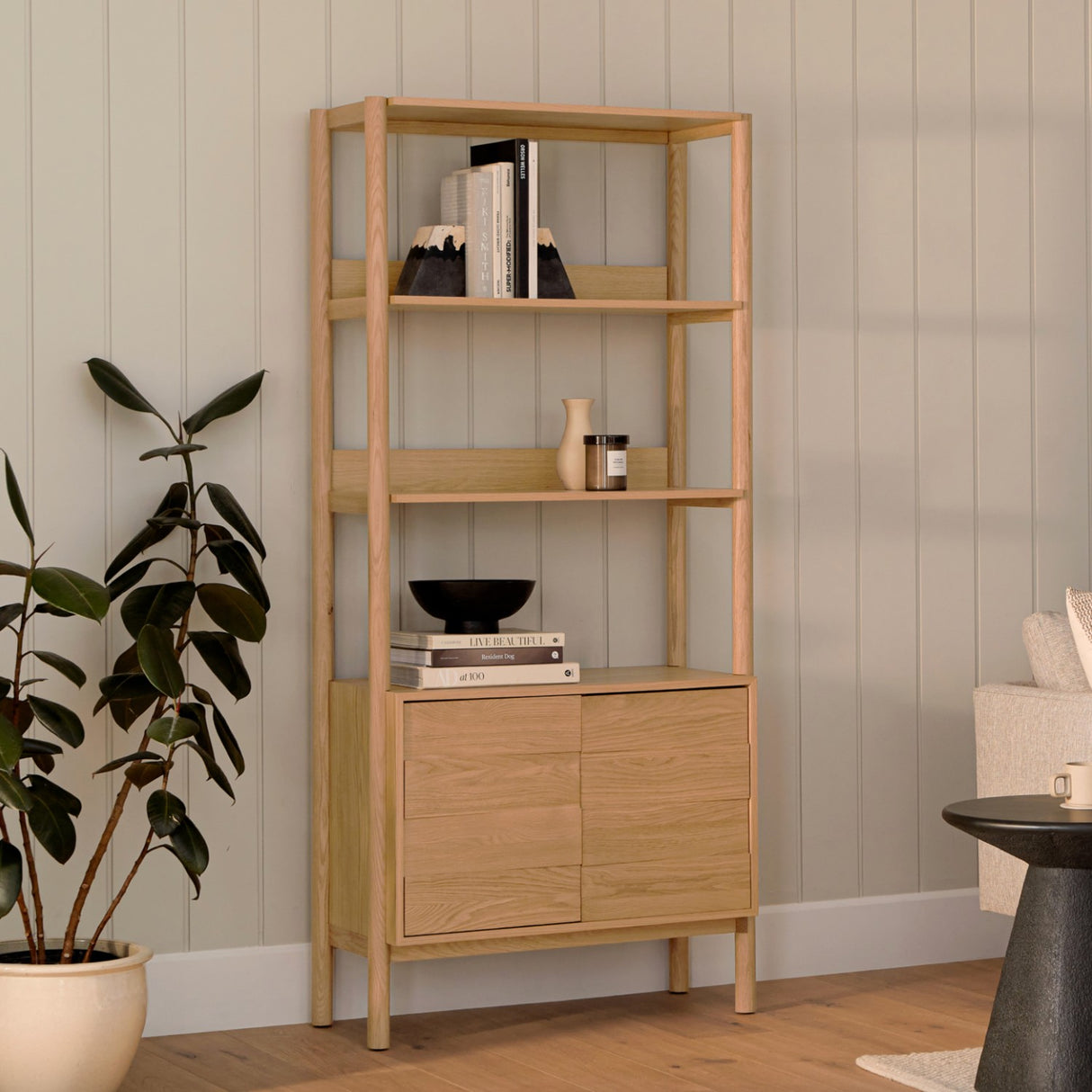 33" Wide Shelving Unit w/ Storage (Natural Oak) - Pull Up A Couch