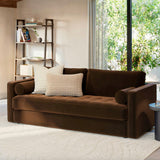 Brown velvet tufted sofa by Article featuring plush cushioning and modern design for stylish living room decor.