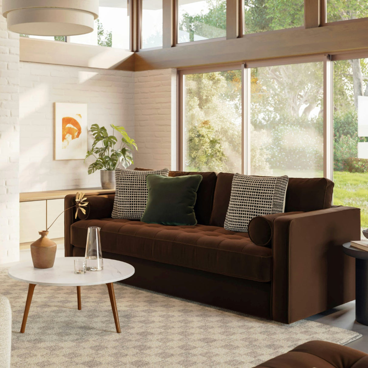 Brown velvet Article MCM-style tufted sofa with plush cushioning and elegant design, showcasing a sophisticated living room piece.