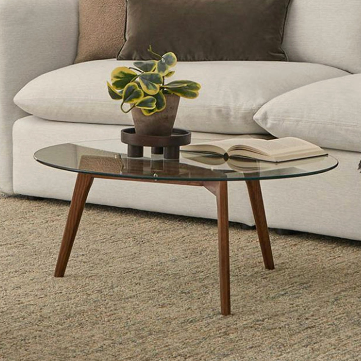 Circular Glass-Top Coffee Table (Walnut)