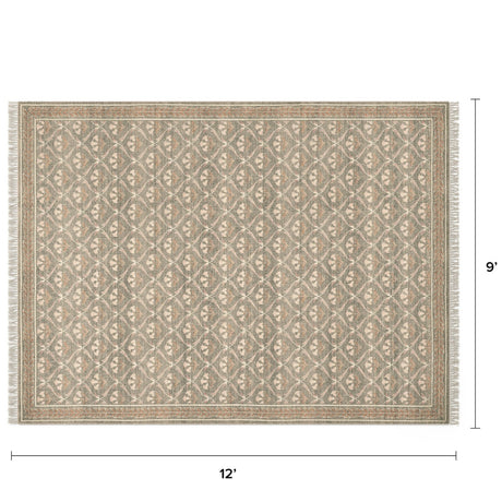 Reversible 9x12 olive green and beige area rug by Article with intricate pattern and soft texture, perfect for living rooms or bedrooms.
