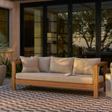 Outdoor sofa by Article, 80-inch Portside Beige outdoor sofa with plush cushions and modern design for patio or garden use.