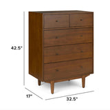 Walnut 5-drawer MCM-style dresser by Article with sleek wood finish and modern design, showcasing the dresser's drawer handles and smooth surface.