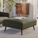 Felted green MCM-style square ottoman by Article with soft, textured felted surface and sturdy wooden legs for modern decor.