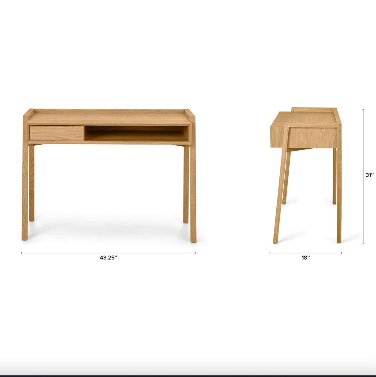 Natural oak MCM desk with storage from Article, featuring a sleek 43.5-inch design and modern mid-century style.