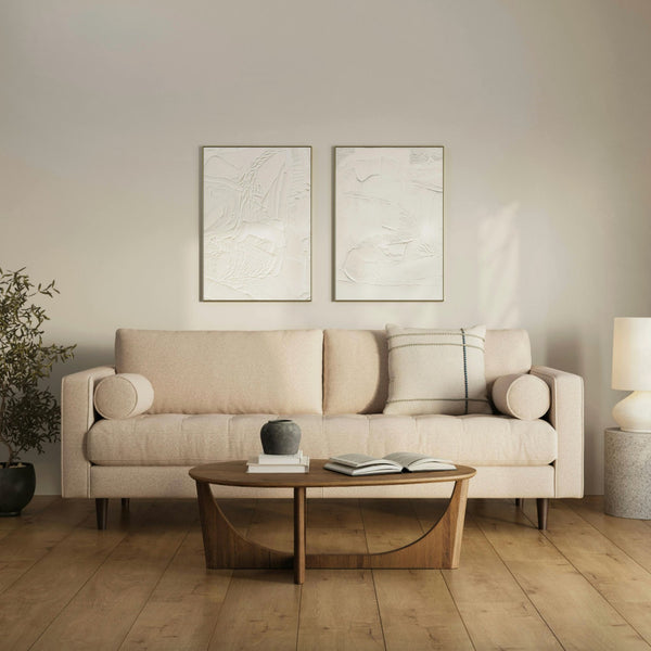 Article Sven sofa with bench cushion in Ratine Bluff fabric, featuring plush seating and modern design.