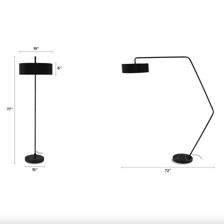 Black MCM Floor Lamp by Article featuring a sleek, modern design with a tall, curved stand and a round lampshade.