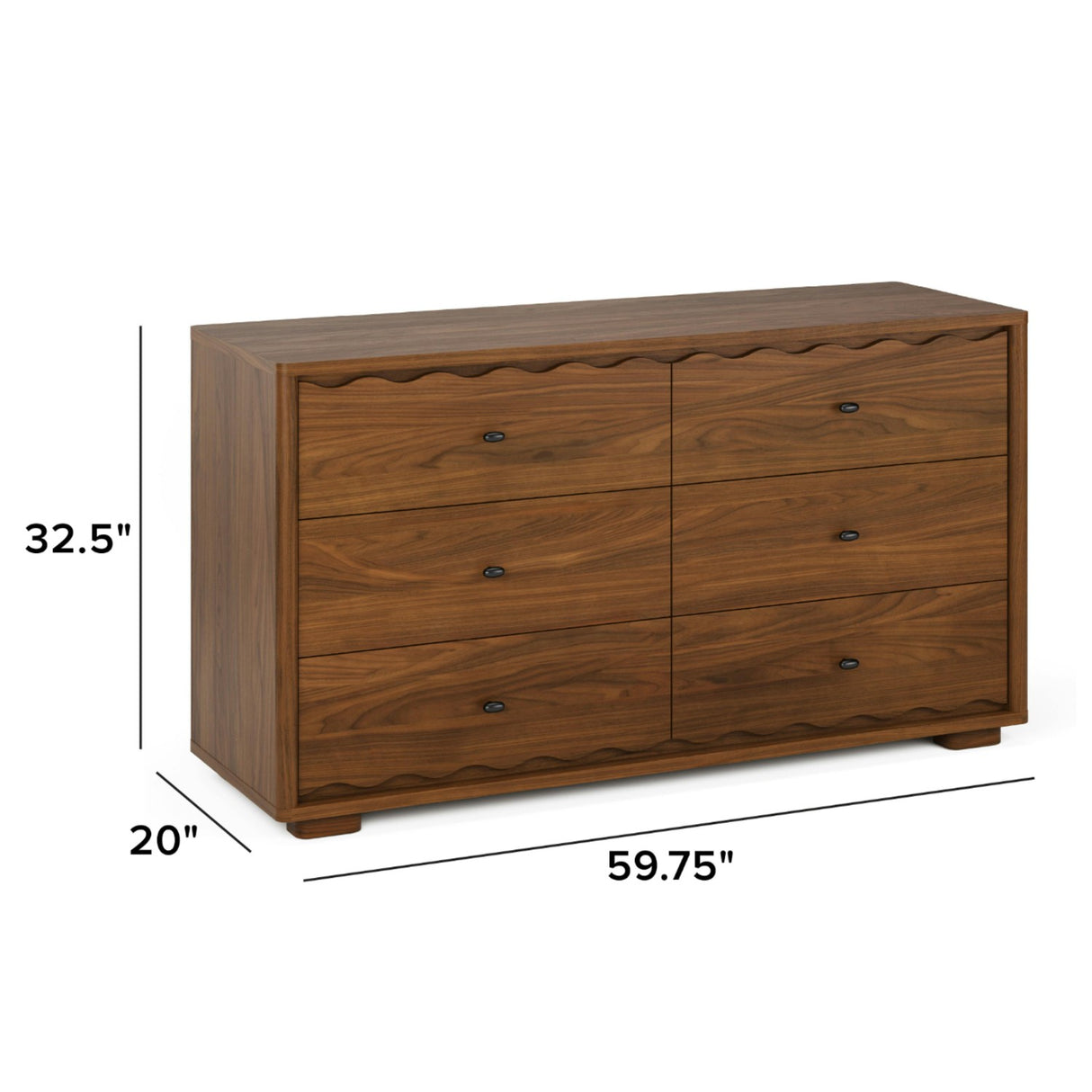 Walnut 6-drawer MCM double dresser by Article showing sleek mid-century modern design with six spacious drawers.