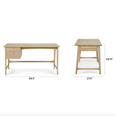 White oak MCM-style desk by Article, 58.5-inch modern wooden desk with clean lines and smooth finish.