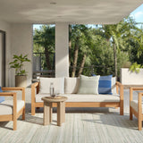 Outdoor sofa in beige fabric by Article, 80-inch Portside model with plush cushions and modern outdoor furniture design.