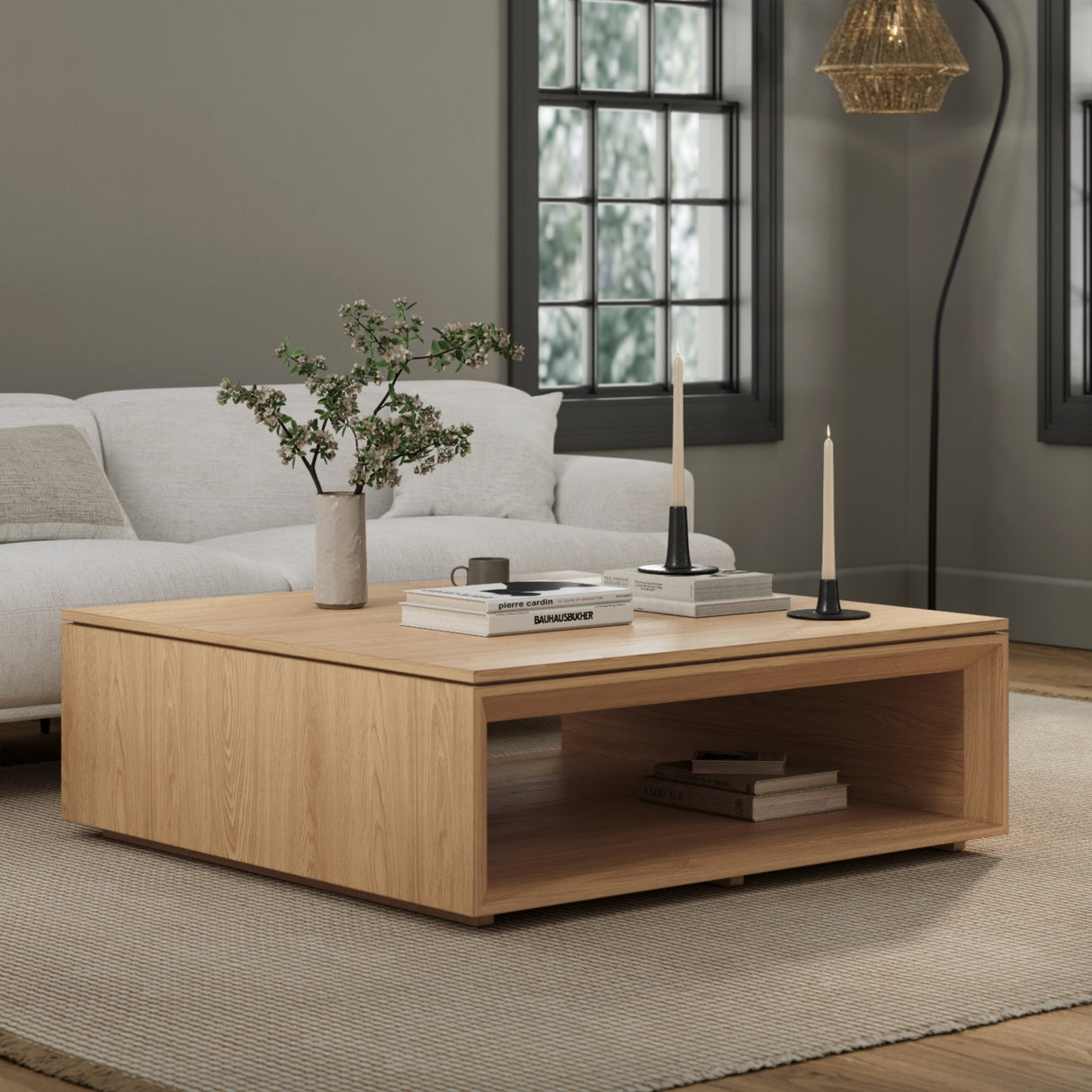44" Square Coffee Table w/ Storage (White Oak)