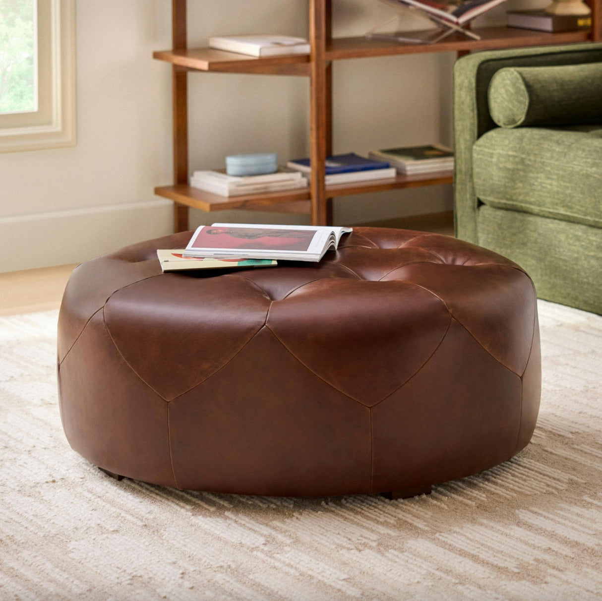 41" Tufted Leather Ottoman (Indiana Brown)