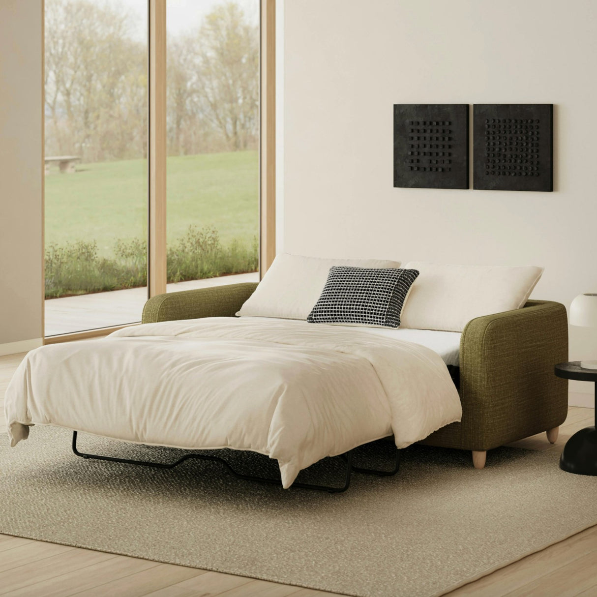 Article 80-inch MCM sofa bed in Napa Moss fabric, modern sleeper sofa with clean lines and plush cushions.