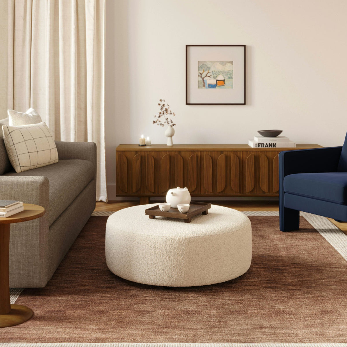 MCM-Style Round Ottoman (Ivory Wool Bouclé)