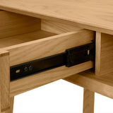 Natural oak MCM desk with storage, 43.5-inch Article desk featuring clean lines and built-in storage compartments.