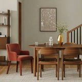 Velvet MCM-style armchair by Article in Hale Rust with plush upholstery and sleek wooden legs, mid-century modern design.
