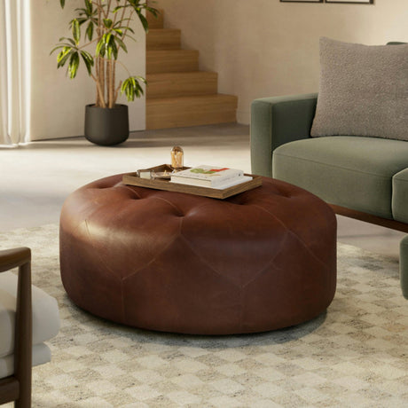 41" Tufted Leather Ottoman (Indiana Brown)
