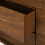 Walnut 6-drawer MCM double dresser by Article with sleek wooden finish and modern design, featuring six spacious drawers.