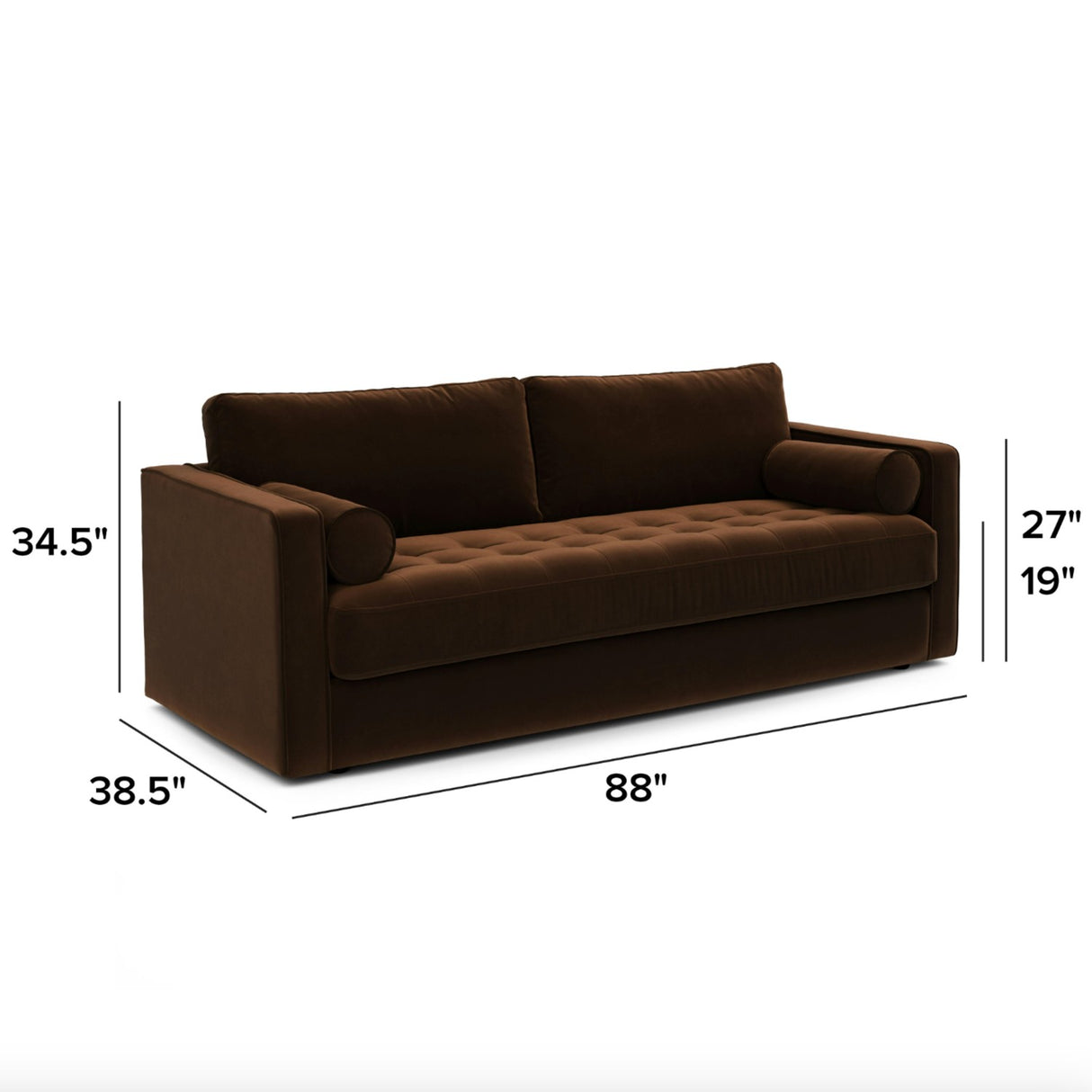 Brown velvet tufted sofa by Article with plush cushions and a stylish, modern design.