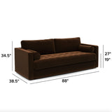 Brown velvet tufted sofa by Article with plush cushions and a stylish, modern design.