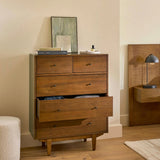 Article 5-drawer walnut MCM-style dresser with sleek modern design and wooden handles, showcasing a stylish bedroom storage solution.