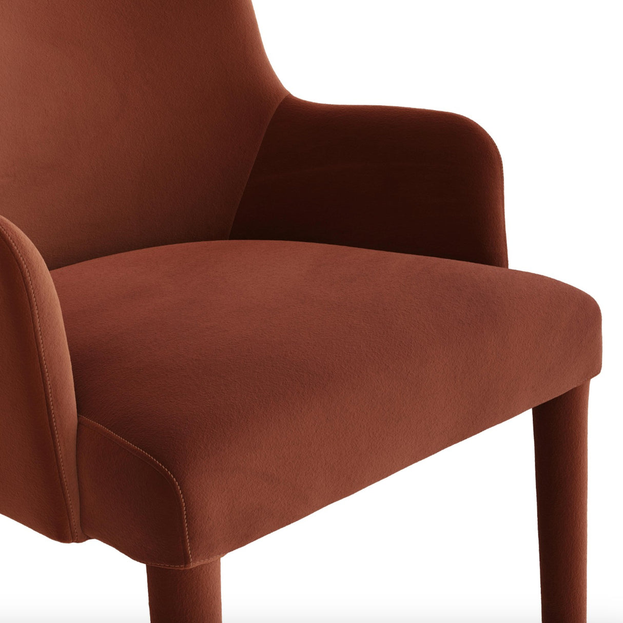 Velvet MCM-Style Hale Rust armchair by Article featuring a plush rust-colored velvet upholstery and sleek mid-century modern design.