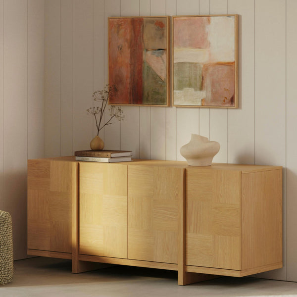 Natural oak MCM-style sideboard by Article, 66 inches long with sleek mid-century modern design and minimalist wood finish.
