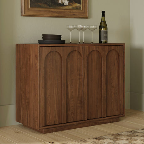 Article 37-inch walnut MCM cabinet with storage drawers and sleek modern design, shown in a well-lit room setting.