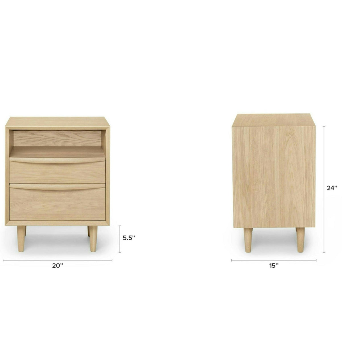 White Oak MCM-Style Nightstand (2-Drawer)