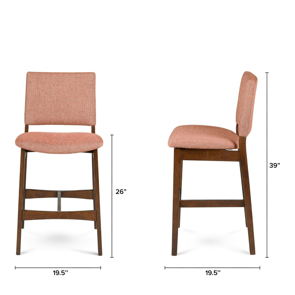 Orange upholstered Article MCM-style barstool with walnut wooden legs, modern design, and comfortable seat.