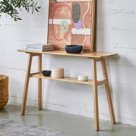 Oak 47-inch MCM console table by Article with sleek mid-century modern design and smooth wooden surface.