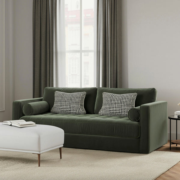 Velvet Sven sofa bed in Pacific Green by Article, showing a sleek sleeper sofa with plush velvet upholstery and modern design.