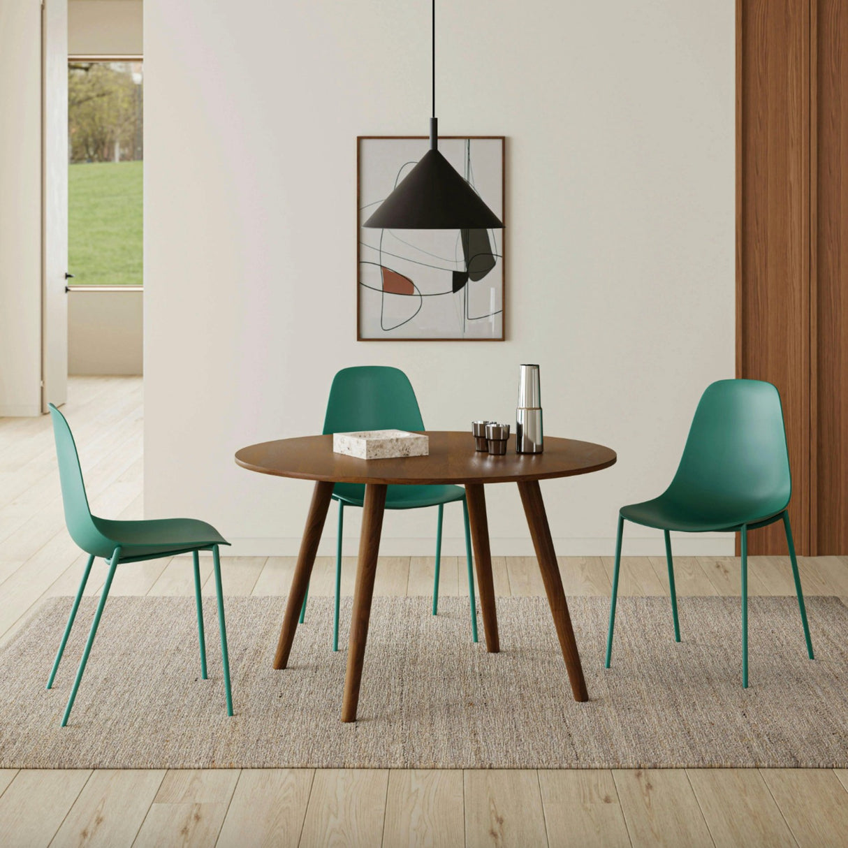 Woodland green MCM-style dining chair by Article with wooden legs and modern design, suitable for contemporary dining rooms.