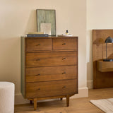 Walnut 5-drawer MCM-style dresser by Article showing sleek wooden dresser with five drawers and modern design.