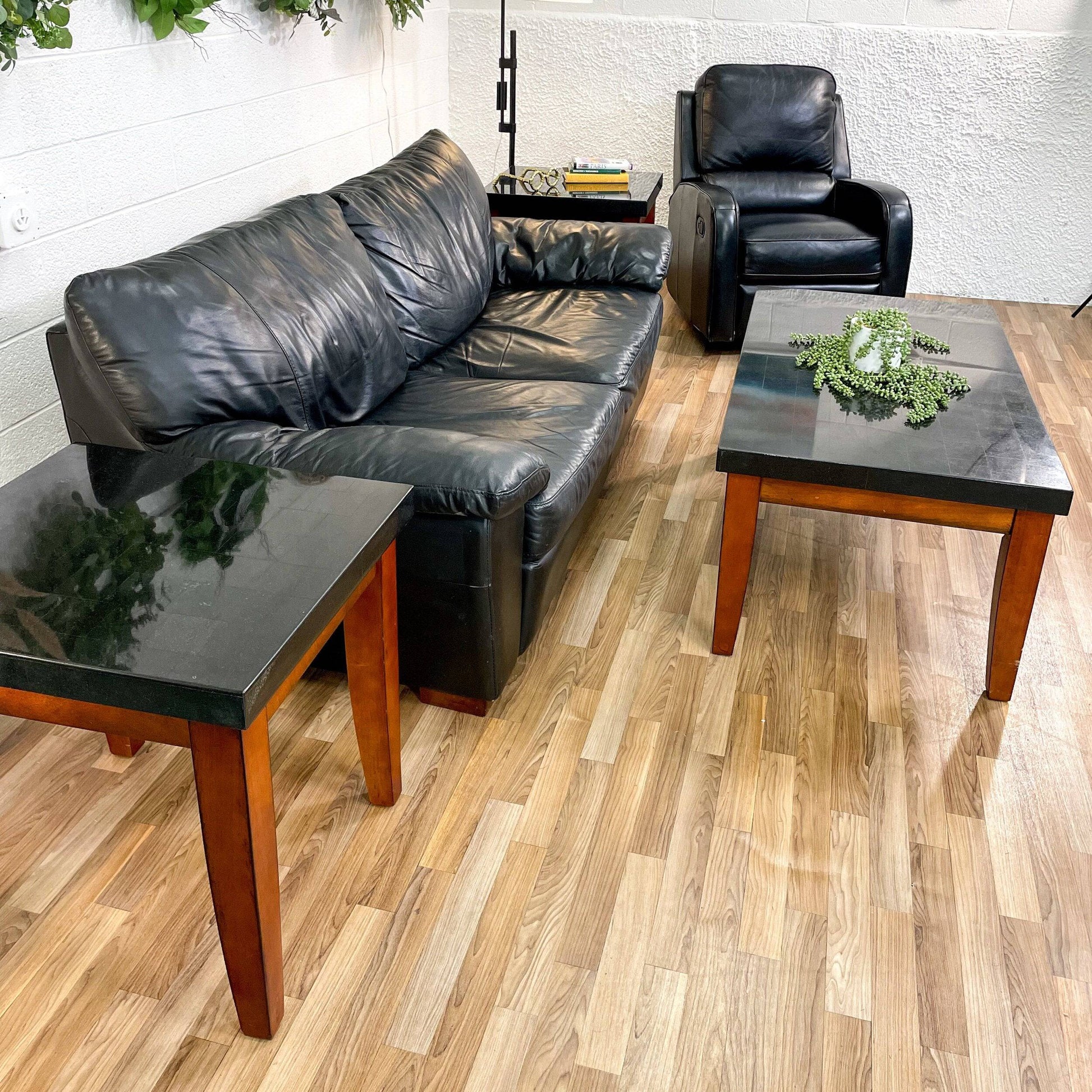 Real Leather Living Room Set w/Stone Top Tables - Pull Up A Couch