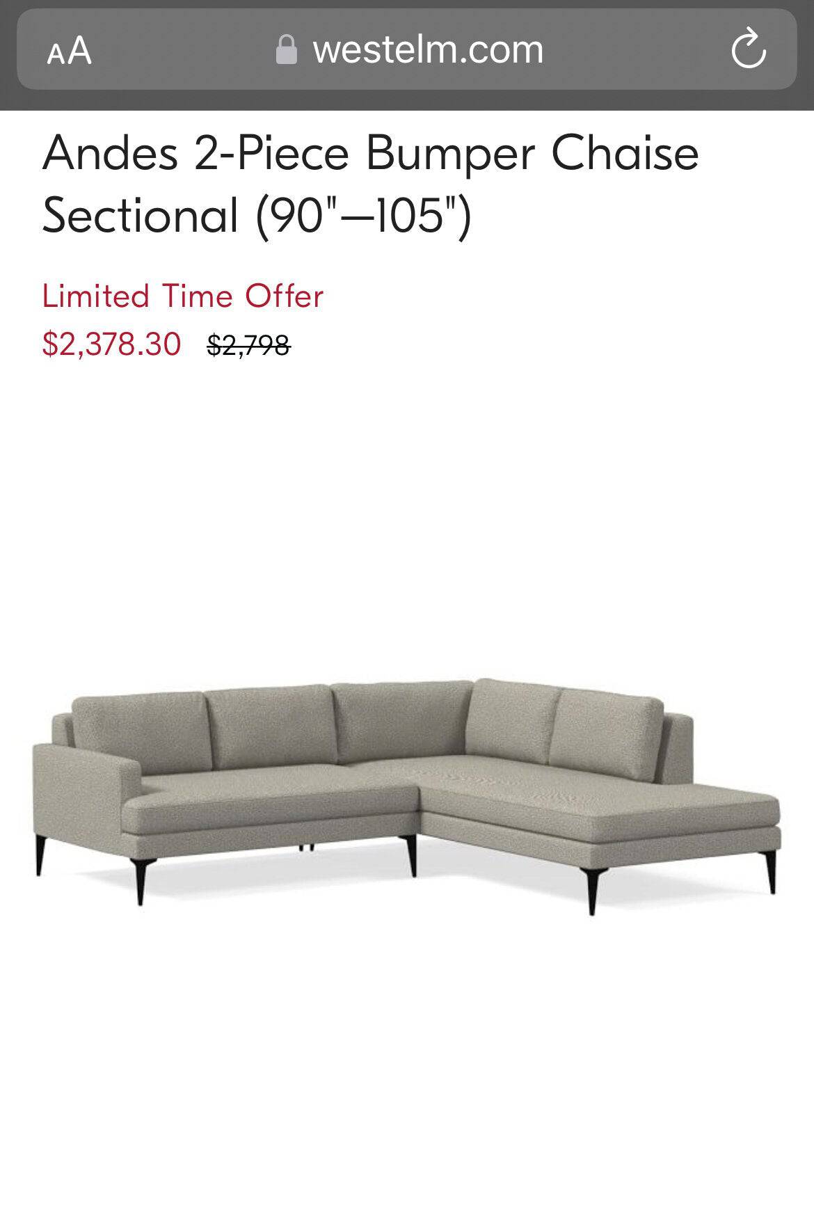 West Elm Andes 2pc Sectional w/ Chaise - Pull Up A Couch