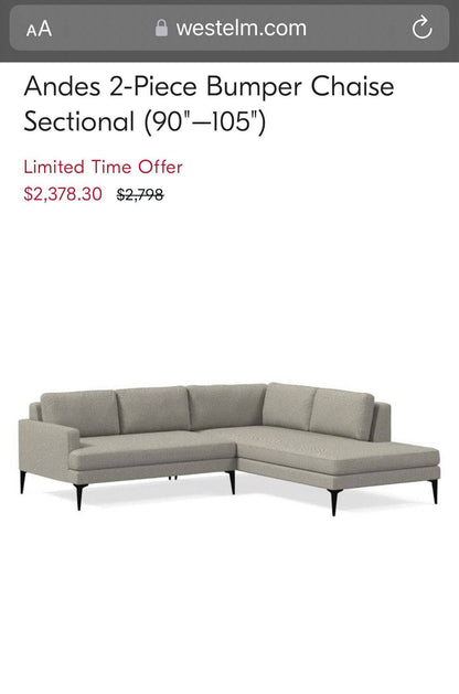 West Elm Andes 2pc Sectional w/ Chaise - Pull Up A Couch